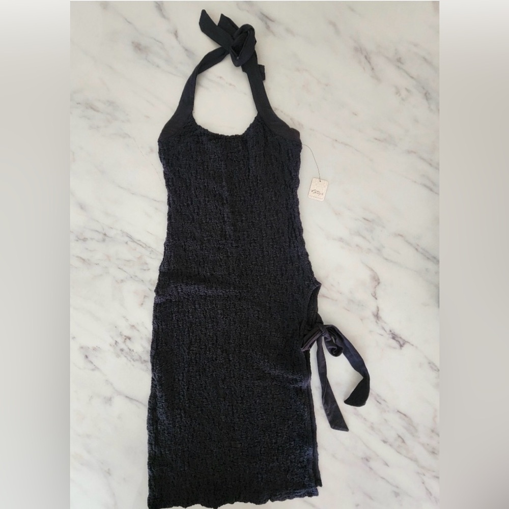 NWOT Free People Sea Foam textured midi dress bodycon tie neck and side slit - Picture 8 of 14